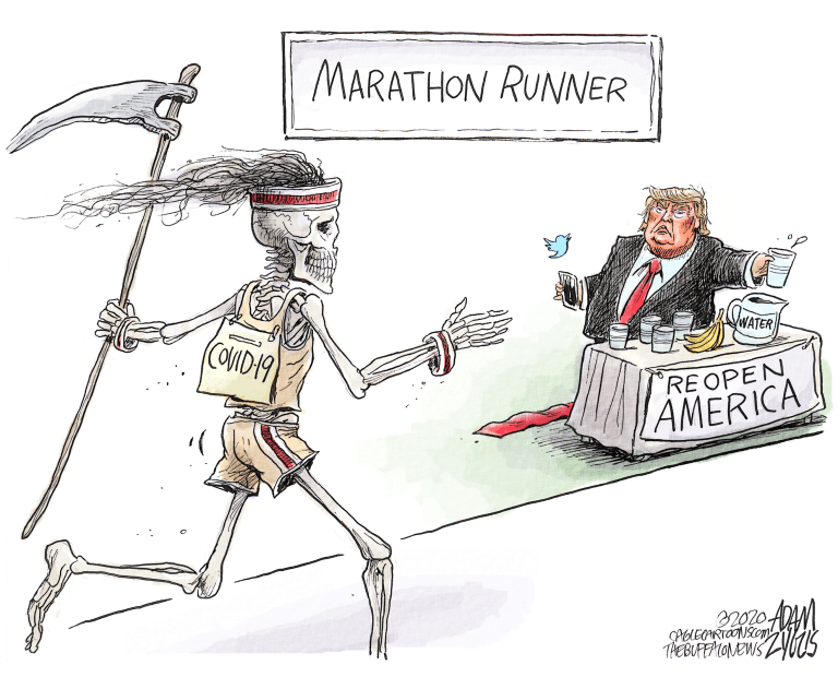 Political Cartoon U.S. Trump coronavirus marathon water