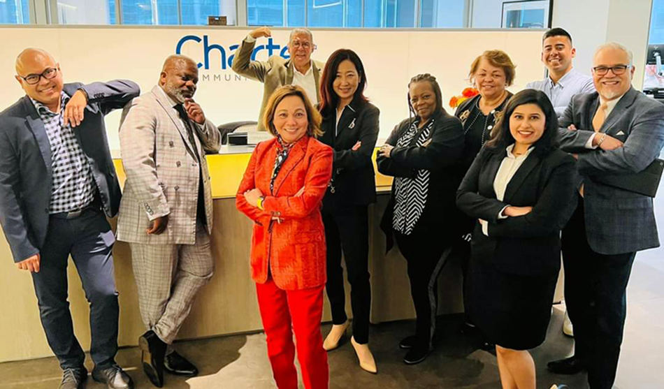 Making the rounds to announce the launch of Asian-American/Pacific Islander entertainment network ChimeTV (front, l. to r.): Dennis Heruela, Andre Chapple, CEO Faith Bautista, Jin Sung, Rhonda Gregory Brent, Regina Grant Peterson, Prachi Kohli, Josh Miranda and Danny de Leon. Back row: Jack Miranda.