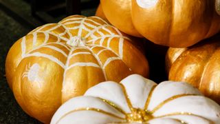 Spider web decorated pumpkins for Halloween