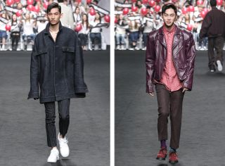 Oversized tops peaked out under mix-and-match suits with a high-sportswear edge at Munsoo Kwon