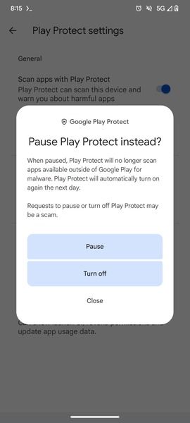 Google Play Protect Pause button