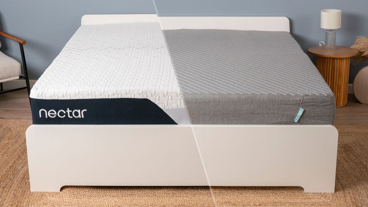 The Nectar Classic Memory Foam Mattress on a bed frame (left) and th Siena Memory Foam mattress on a bed frame (right)