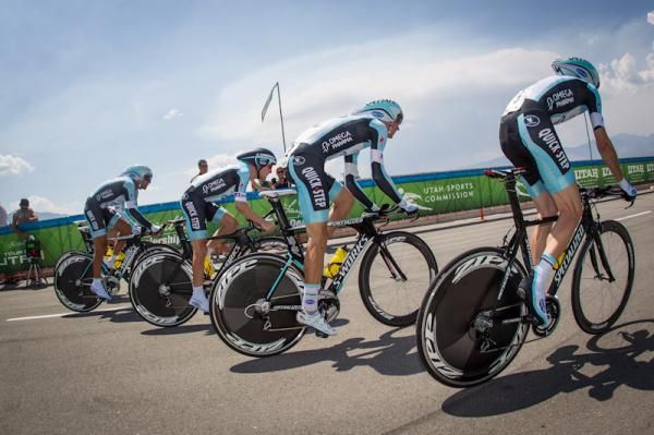 The Omega Pharma-QuickStep team heads onto the course.