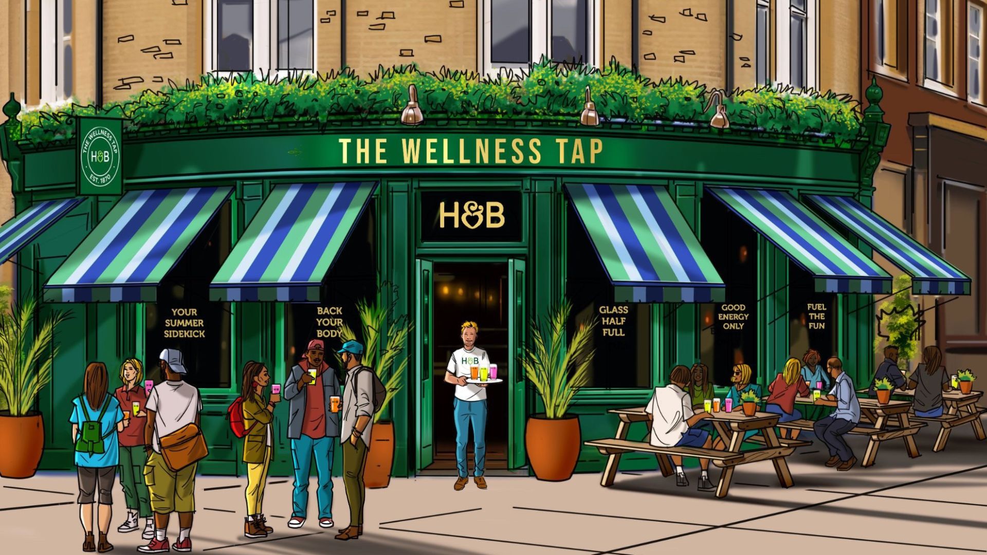 an artist's rendering of what The Wellness Tap pub will look like, with a green storefront, benches, and parasoles