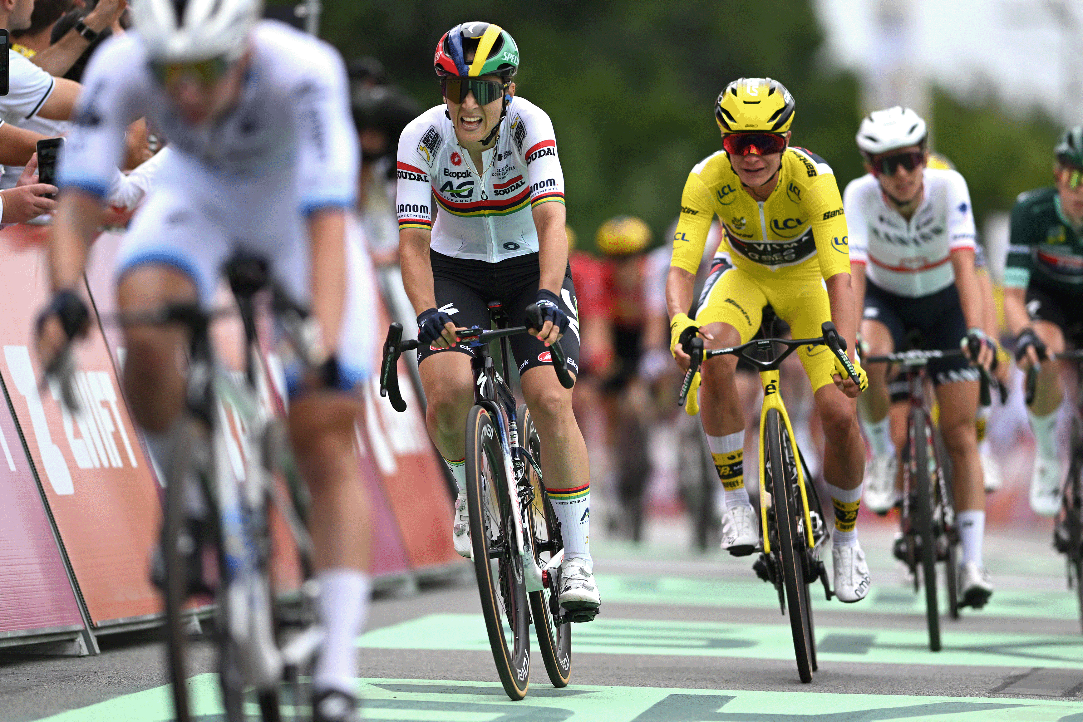QUIMPER , FRANCE - JULY 27: Kimberley Le Court Pienaar of Mauritius and Team AG Insurance - Soudal crosses the finish line during the 4th Tour de France Femmes 2025, Stage 2 a 110.4km stage from Brest to Quimper / #UCIWWT / on July 27, 2025 in Quimper, France. (Photo by Szymon Gruchalski/Getty Images)