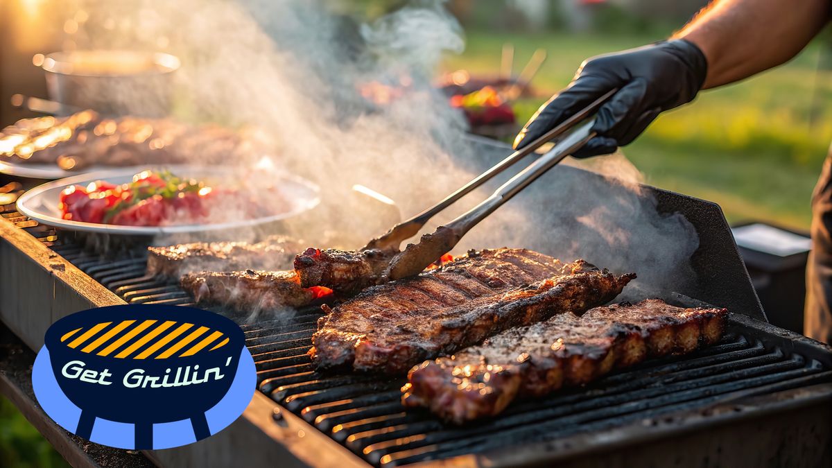 A man grilling steaks outside