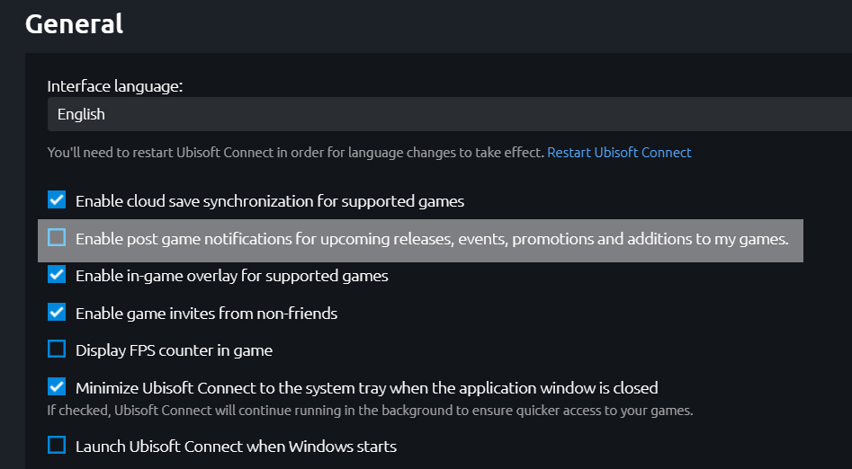 Ubisoft Connect settings page