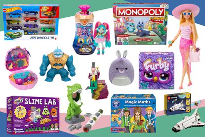 Collage showing the best toys for 6 year olds, including Furby, LEGO, Barbie, slime, Polly Pocket, Hot Wheels and more