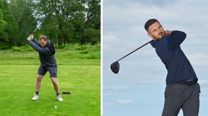 Male amateur golfers hitting driver off the tee