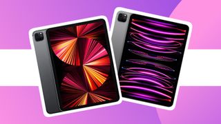 Best iPad Pro 11 prices: A product shot of the 2021 and 2022 iPad Pro 11 on a colourful background with a white border