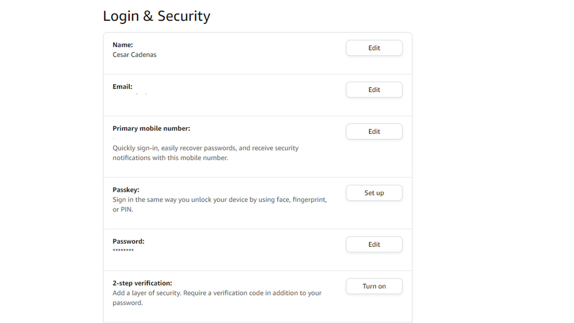 Amazon Login & Security menu