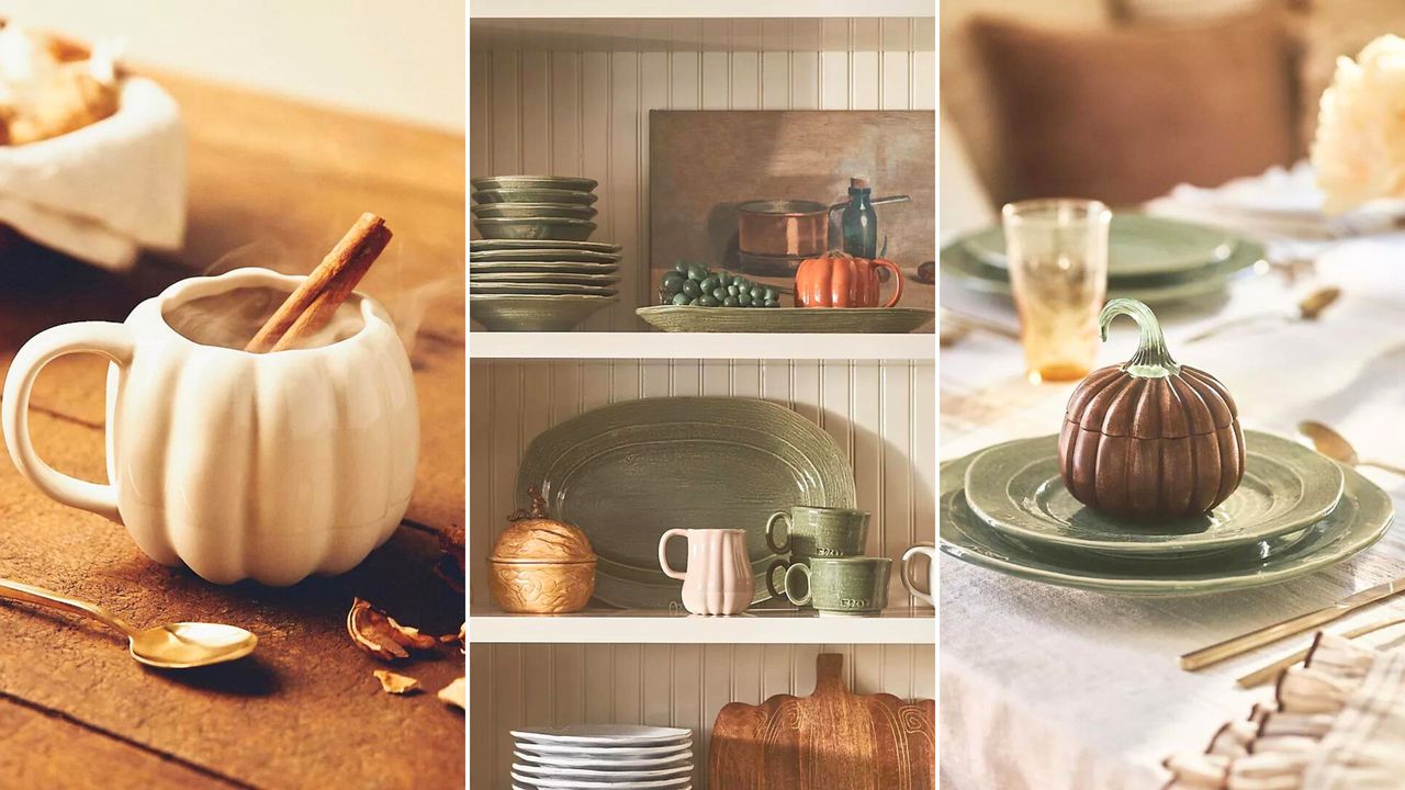 Three pictures of Anthropologie fall collection pumpkin decor - a white pumpkin mug on a wooden table, a white wooden shelf with pumpkin mugs and dinnerware on it, and a dark wooden pumpkin candle on a green plate