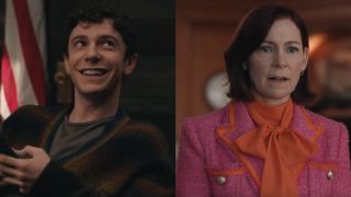 From left to right: a side by side of Ben Levi Ross as Teddy smiling and looking to his right and Carrie Preston as Elsbeth looking fascinated on Elsbeth.