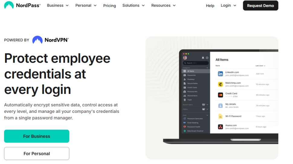 Website screenshot of NordPass Business (August, 2025)