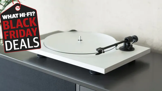 Pro-Ject Primary E in white finish with Black Friday graphic