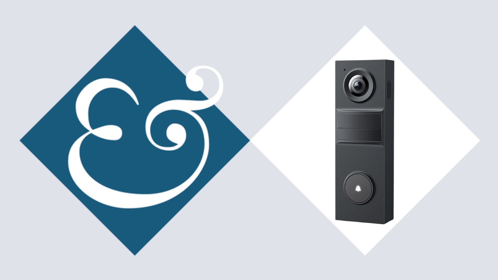 Tapo D205 Smart Battery Video Doorbell in black on H&amp;G blue template with ampersand and diamond design