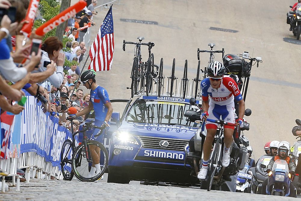 Davide Martinelli (Italy) was part of the breakaway but had a gear malfunction on the Libby Hill climb