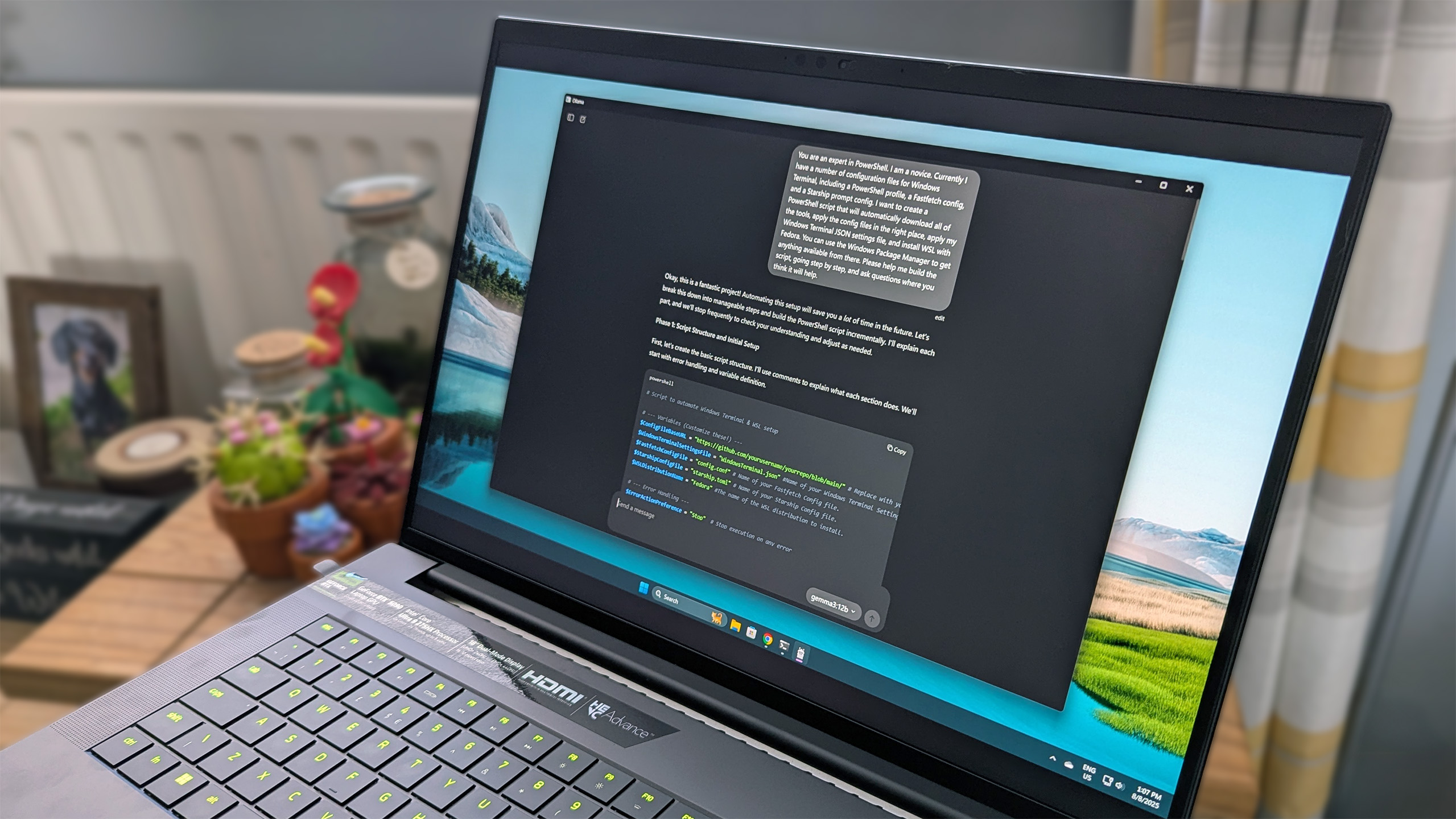 Ollama running the Gemma3:12b model on a Razer Blade 18. 