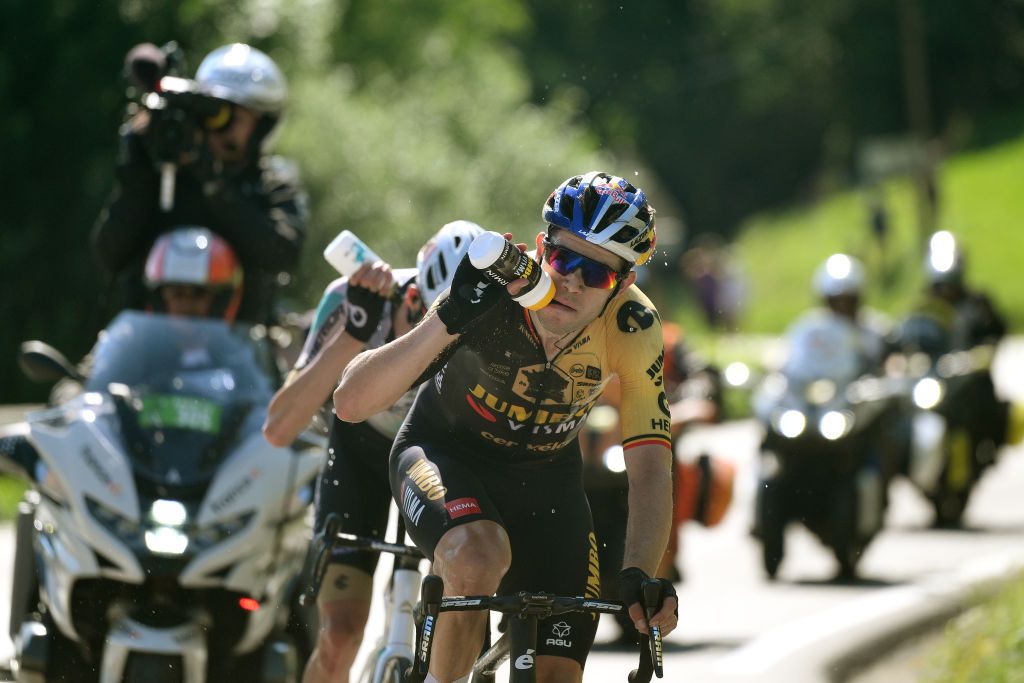 SAINTGERVAIS MONTBLANC FRANCE JULY 16 Wout Van Aert of Belgium and Team JumboVisma refreshes himself competing in the breakaway during the stage fifteen of the 110th Tour de France 2023 a 179km stage from Les Gets les Portes du Soleil to SaintGervais MontBlanc 1379m UCIWT on July 16 2023 in SaintGervais MontBlanc France Photo by David RamosGetty Images