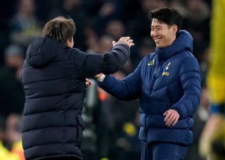 Tottenham Hotspur manager Antonio Conte and Son Heung-min at full time after the Premier League match at the Tottenham Hotspur Stadium, London. Picture date: Sunday March 20, 2022