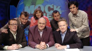 The cast of the first episode of Mock the Week: Frankie Boyle, Hugh Dennis, Linda Smith, Jeremy Hardy, John Oliver, Rory Bremner and Dara O'Briain.