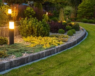 Professionally Landscaped Backyard Garden with Evenly Mowed Lawn and Trimmed Shrubs Illuminated by Outdoor Bollard Lamps