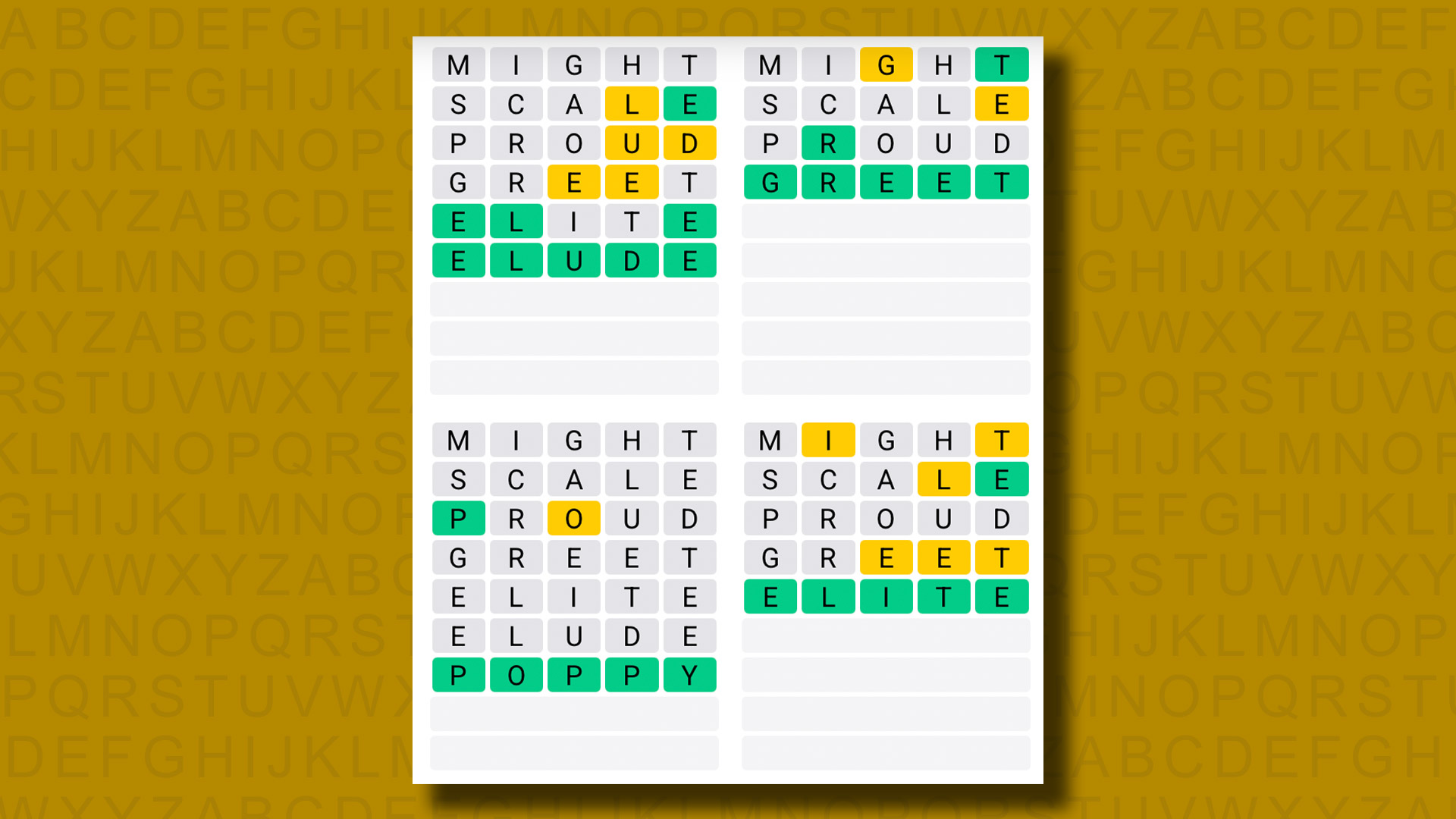 Quordle answers for game 1200 on a yellow background