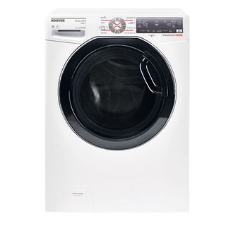 White Hoover washer dryer with black door and digital display