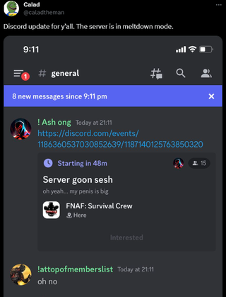 A post that reads: "Discord update for y’all. The server is in meltdown mode." With a very saucy, family un-friendly event.