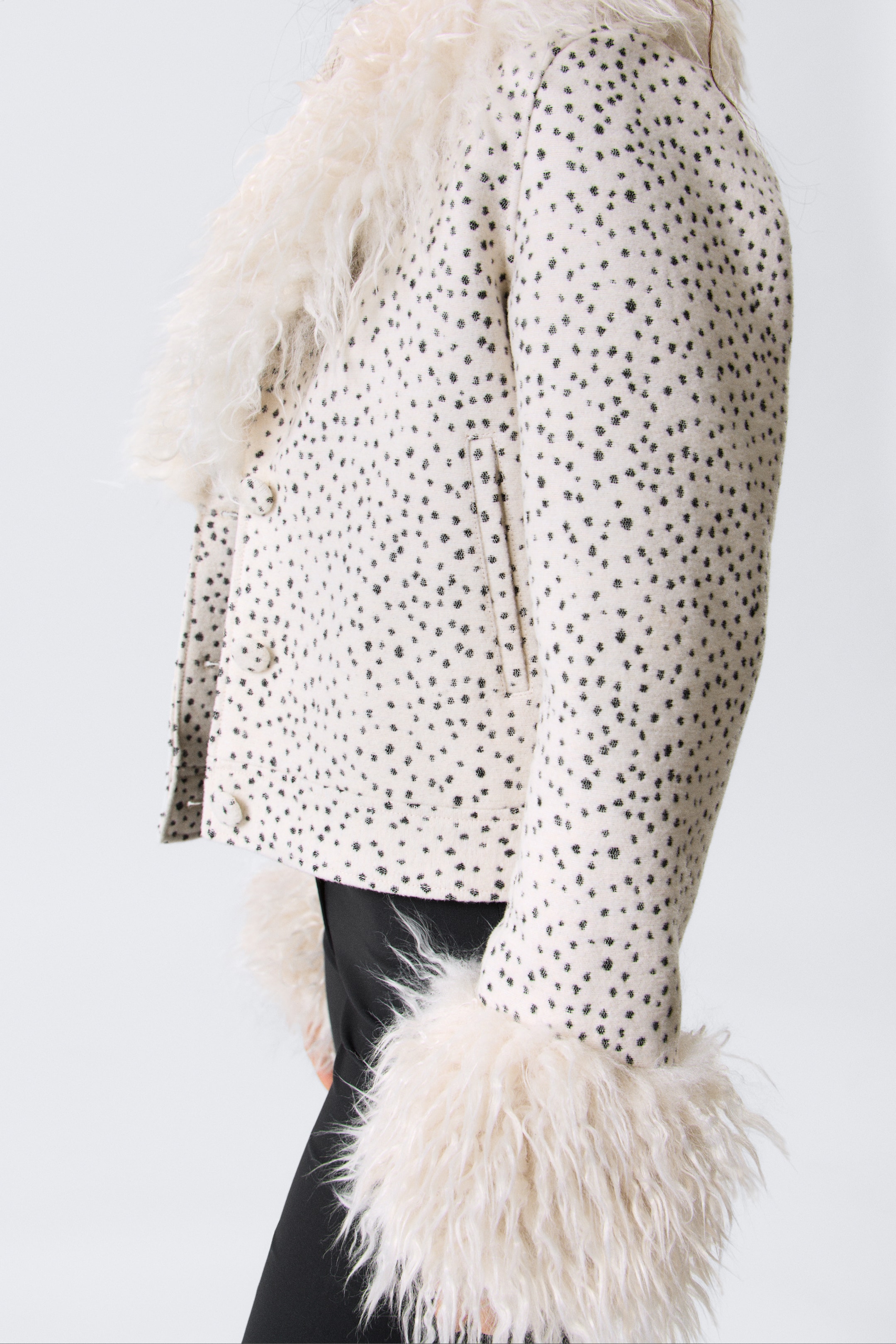 Cropped Faux Fur Trim Jacket - Dusty White - Black Dots