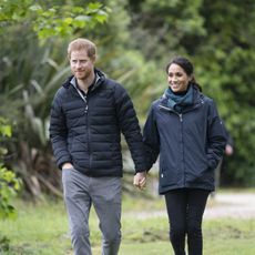 Prince Harry and Meghan Markle hold hands as they walk through a park.