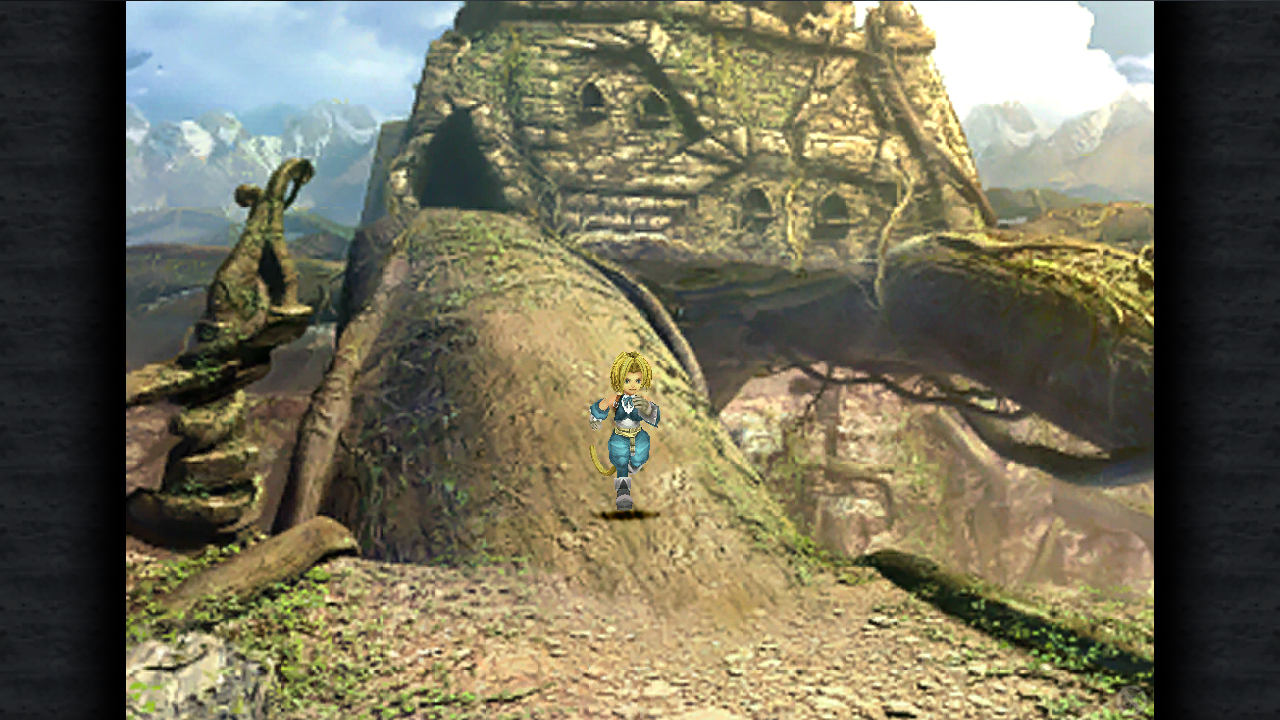 Zidane crosses a tree trunk bridge in Final Fantasy 9