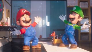 Mario and Luigi in a bathroom about to hug in The Super Mario Bros. Movie.