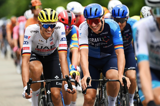 SAINT VULBAS, FRANCE - JULY 03: (L-R) Nils Politt of Germany and UAE Team Emirates and Pascal Ackermann of Germany and Team Israel - Premier Tech compete during the 111th Tour de France 2024, Stage 5 a 177.4km stage from Saint-Jean-de-Maurienne to Saint Vulbas / #UCIWT / on July 03, 2024 in Saint Vulbas, France. (Photo by Tim de Waele/Getty Images)
