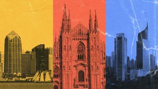 Photos of three cities in different colors: San Diego is left in yellow, Milan is center in red; and Jakarta is right in blue.