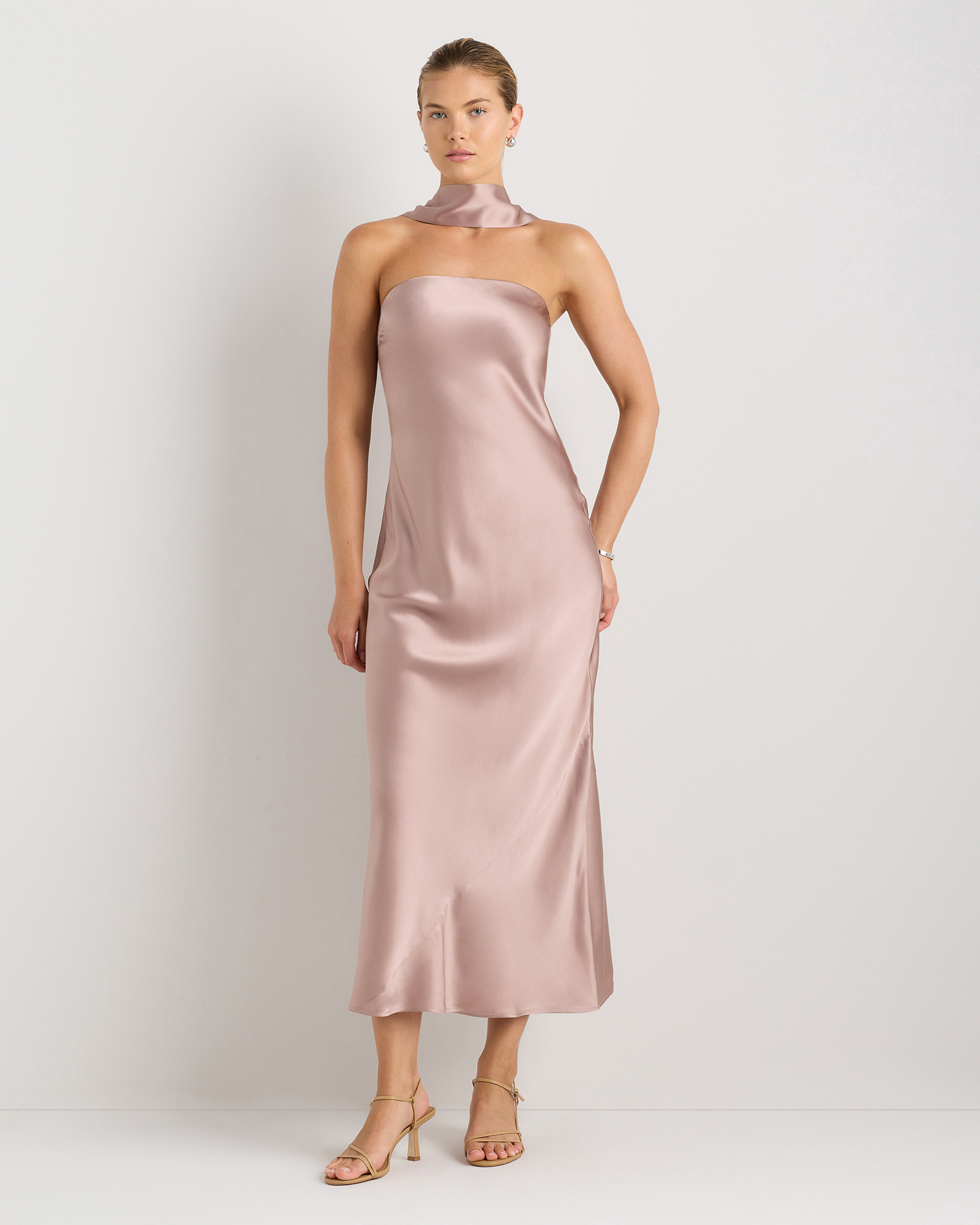 100% Washable Silk Strapless Scarf Maxi Dress in Black
