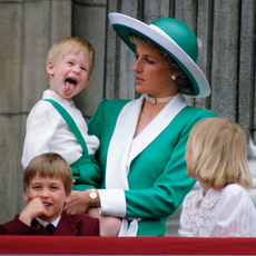 Prince Harry Sticking His Tongue Out Much To The Suprise Of His Mother, Princess Diana At Trooping The Colour With Prince William, Lady Gabriella Windsor And Lady Rose Windsor Watching From The Balcony Of Buckingham Palace