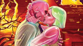 Vision and Viv kiss in front of a raging house fire on the cover of Vision Issue #6.