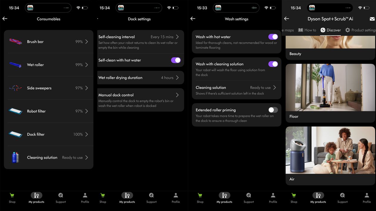 Screenshots from Dyson robot vacuum app