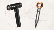 The Shark FlexFusion Hair Dryer and Dyson Supersonic set against an off-white background with a fine line abstract drawing 