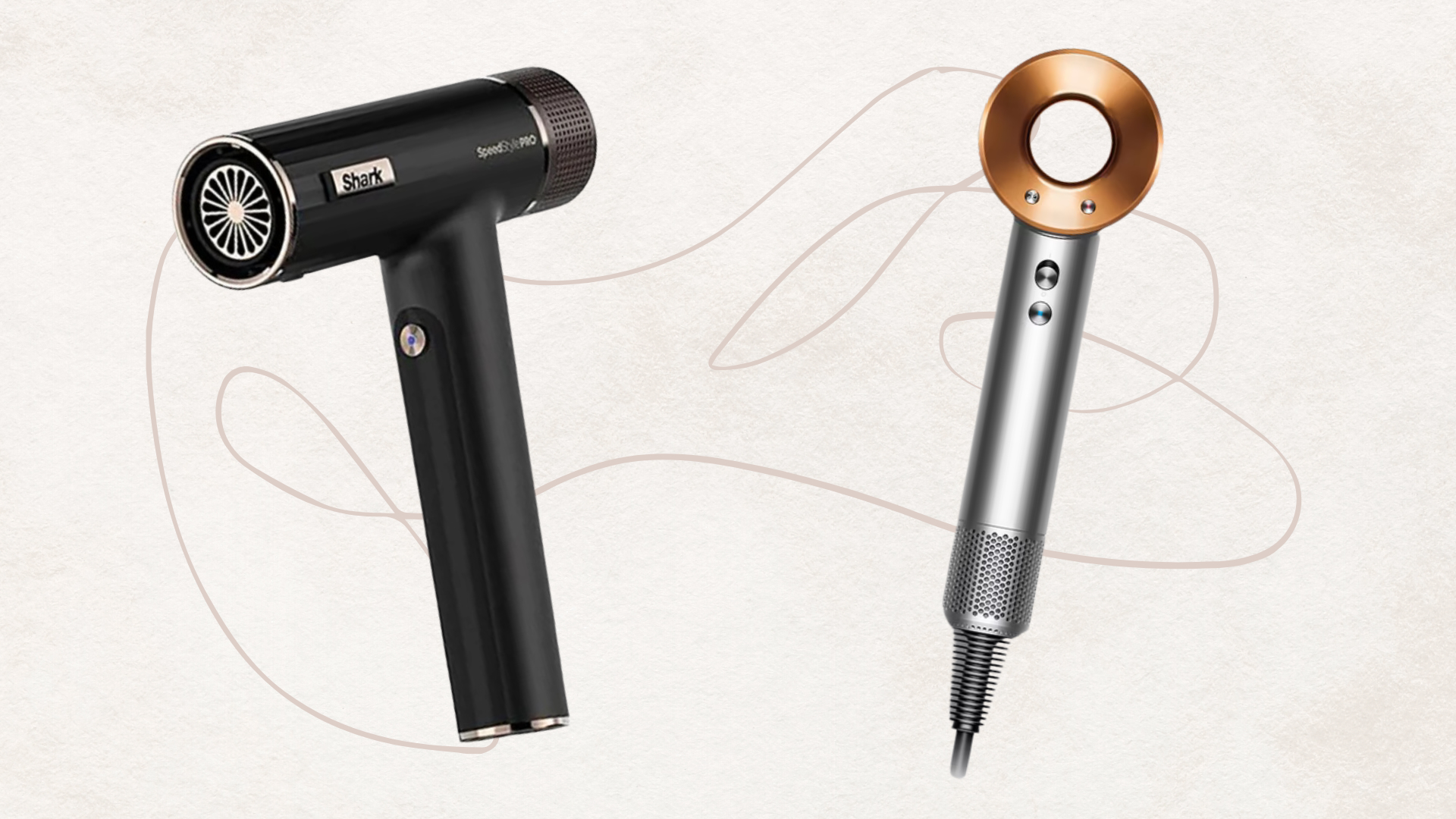 The Shark FlexFusion Hair Dryer and Dyson Supersonic set against an off-white background with a fine line abstract drawing 