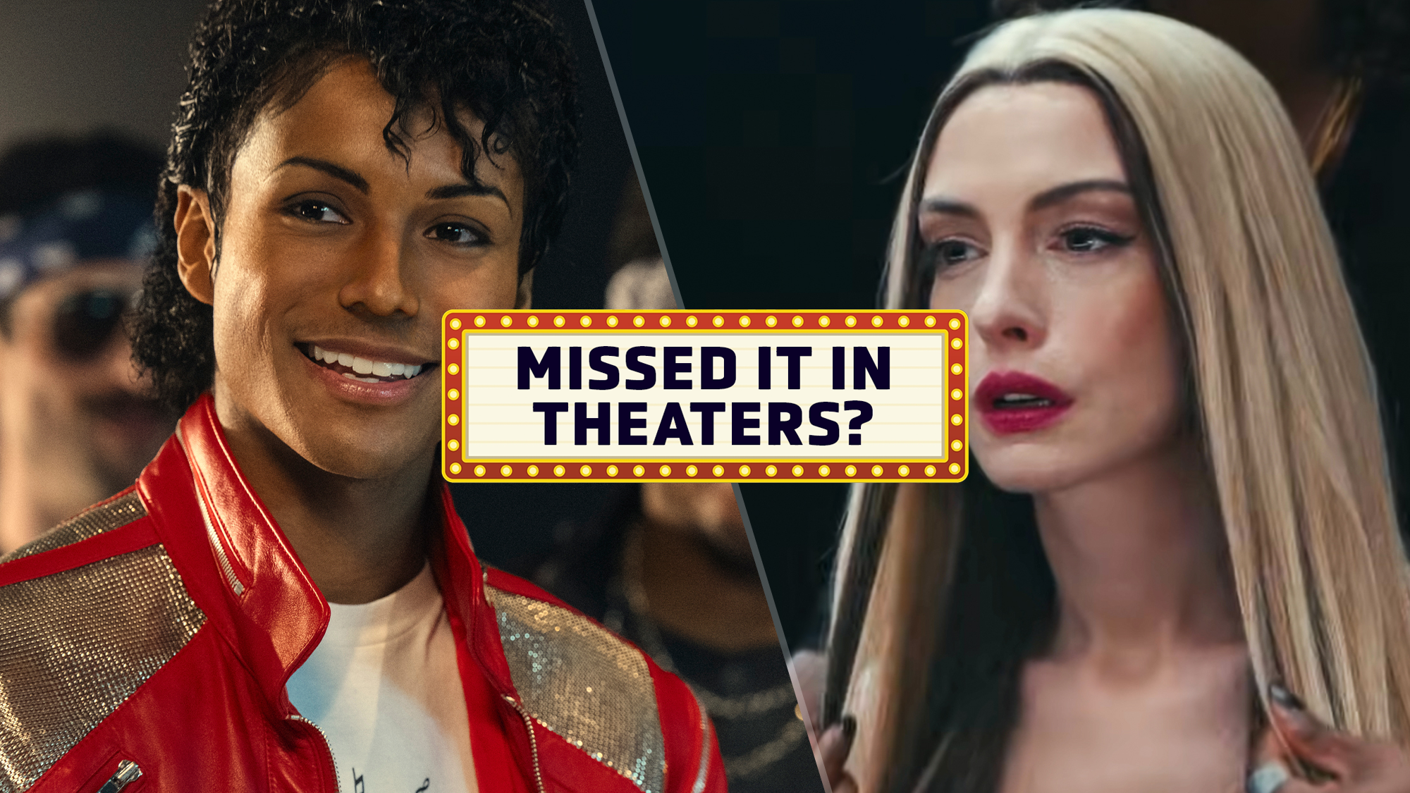 (L-R) Jafar Jackson in "Michael" (2026) and Anne Hathaway in "Mother Mary" (2026) representing movies you may have missed in theaters that are coming to streaming in August 2026.
