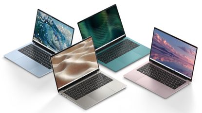 Dell 14S 2026, four laptops next to each other showing four different colors for this notebook: beige, pink, green and blue