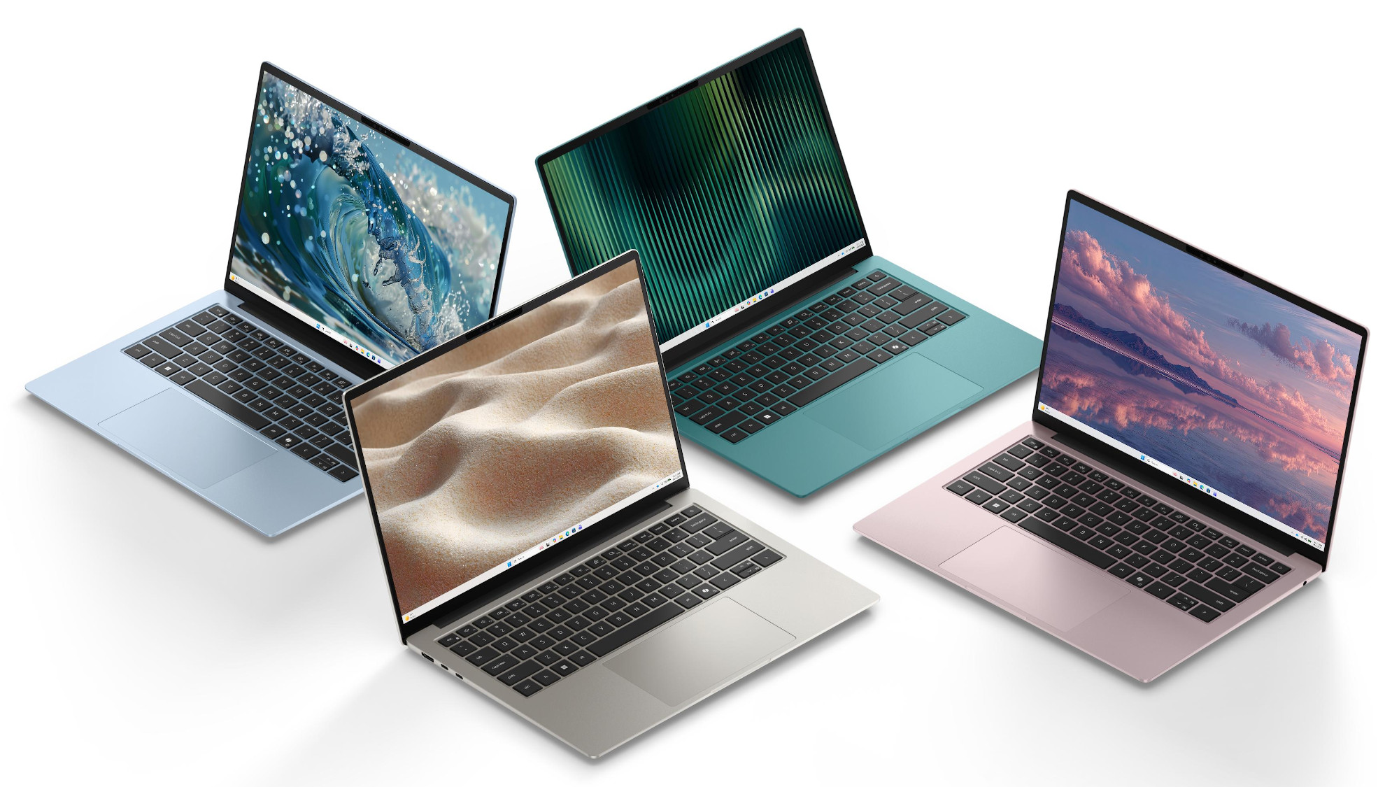 Dell 14S 2026, four laptops next to each other showing four different colors for this notebook: beige, pink, green and blue