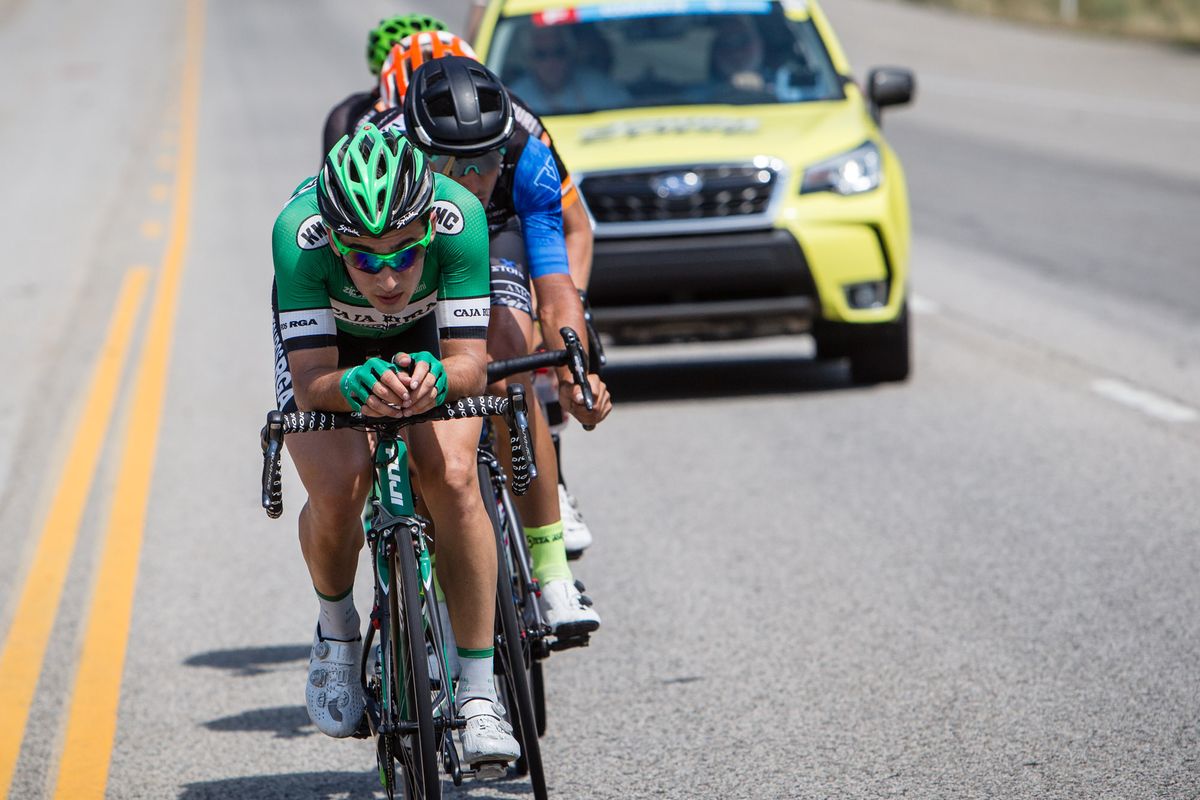 Justin Oien drives the breakaway near the end of stage 5