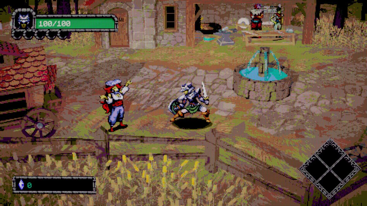Dungeon Lurker screenshot showing knight approaching merchant in overworld