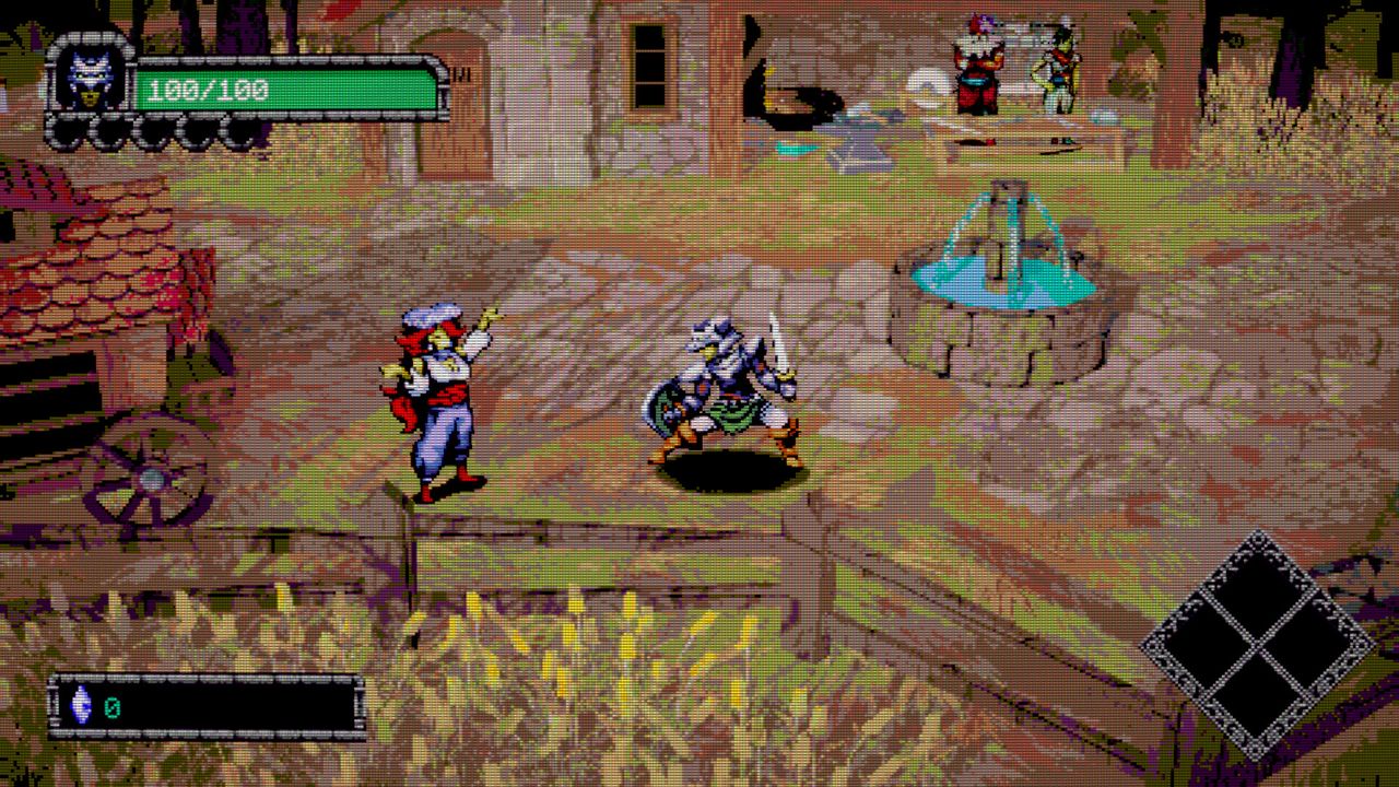 Dungeon Lurker screenshot showing knight approaching merchant in overworld