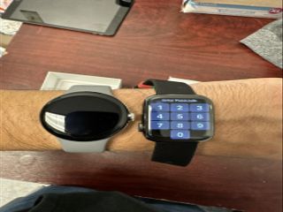 A side-by-side comparison of the alleged Google Pixel Watch and a 41mm Apple Watch