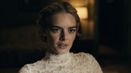 Samara Weaving in a wedding dress from her first shot of Ready or Not. 