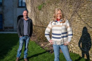 Sarah Beeny poses with James outside his new property in Somerset